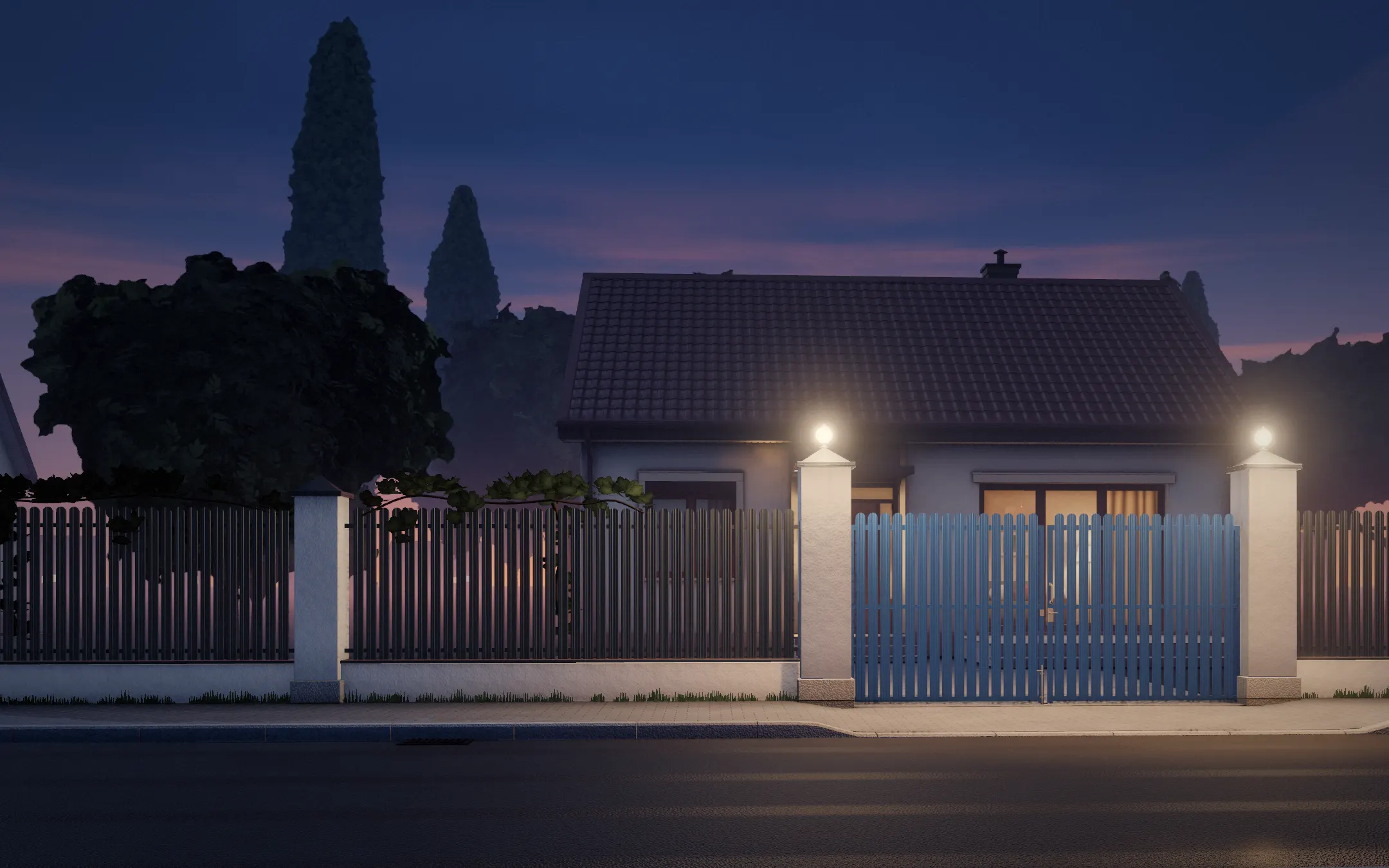 3D illustration: a gate made of metal fence slats opens onto a house with a metal tile roof.